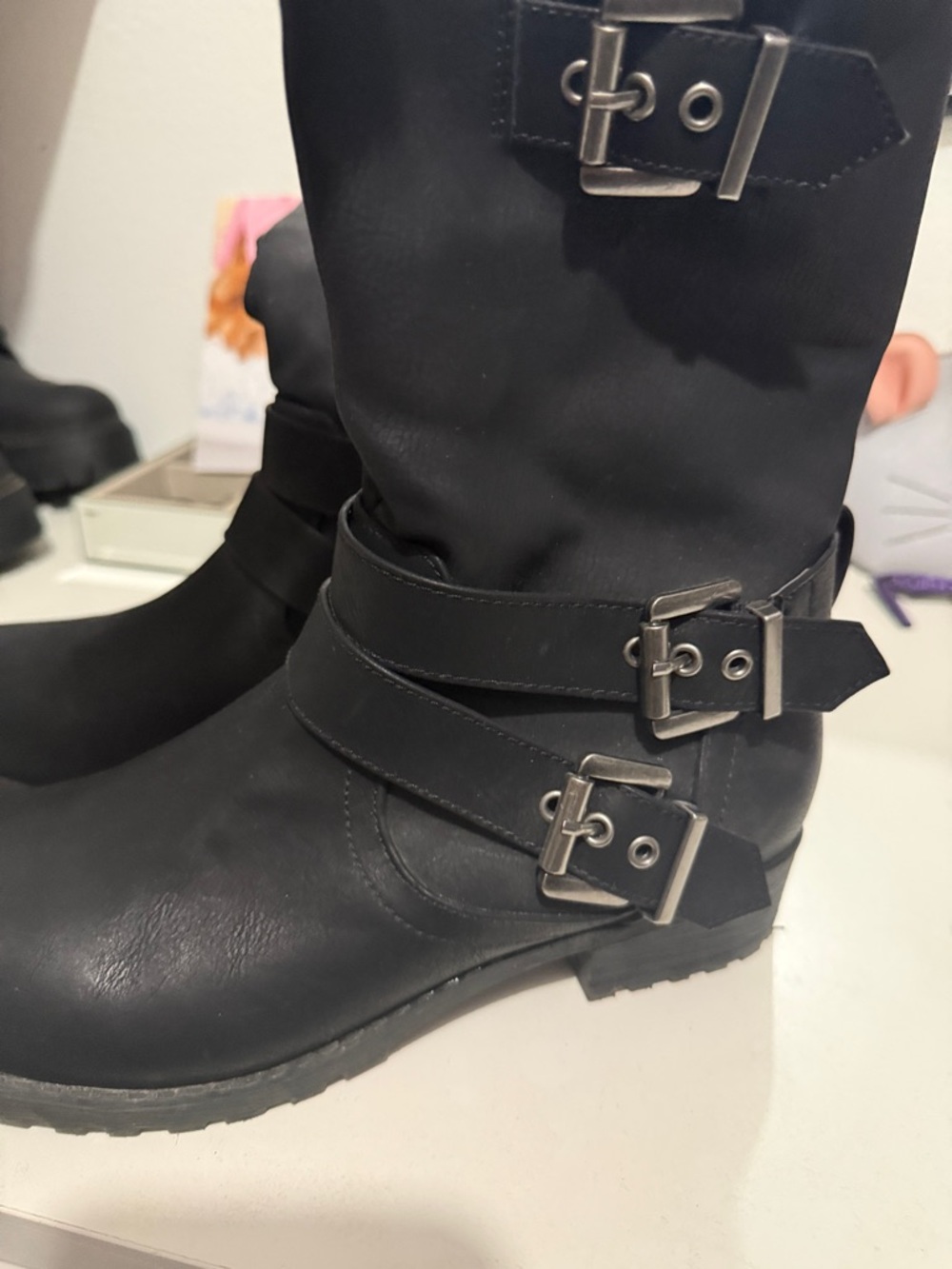 Women's Black Buckle Mid-Calf Boots